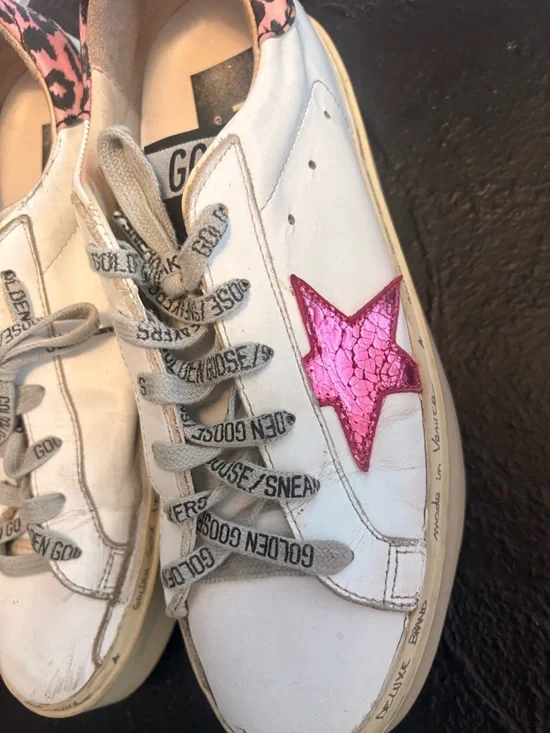 Golden Goose White Sneakers with Pink Star and Leopard Heel - Picture 7 of 8